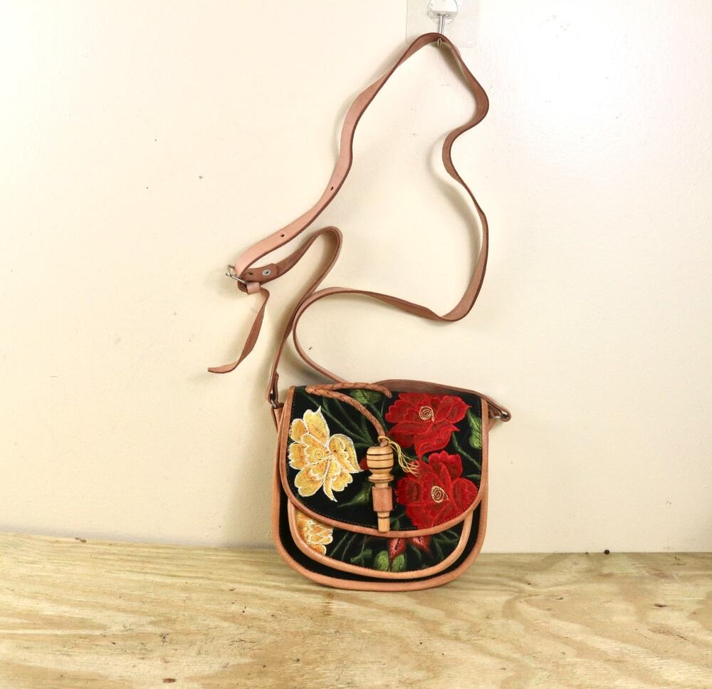 New Handmade Mexican Leather Fabric Bag Floral Embroidery Wooden Toggle Closure